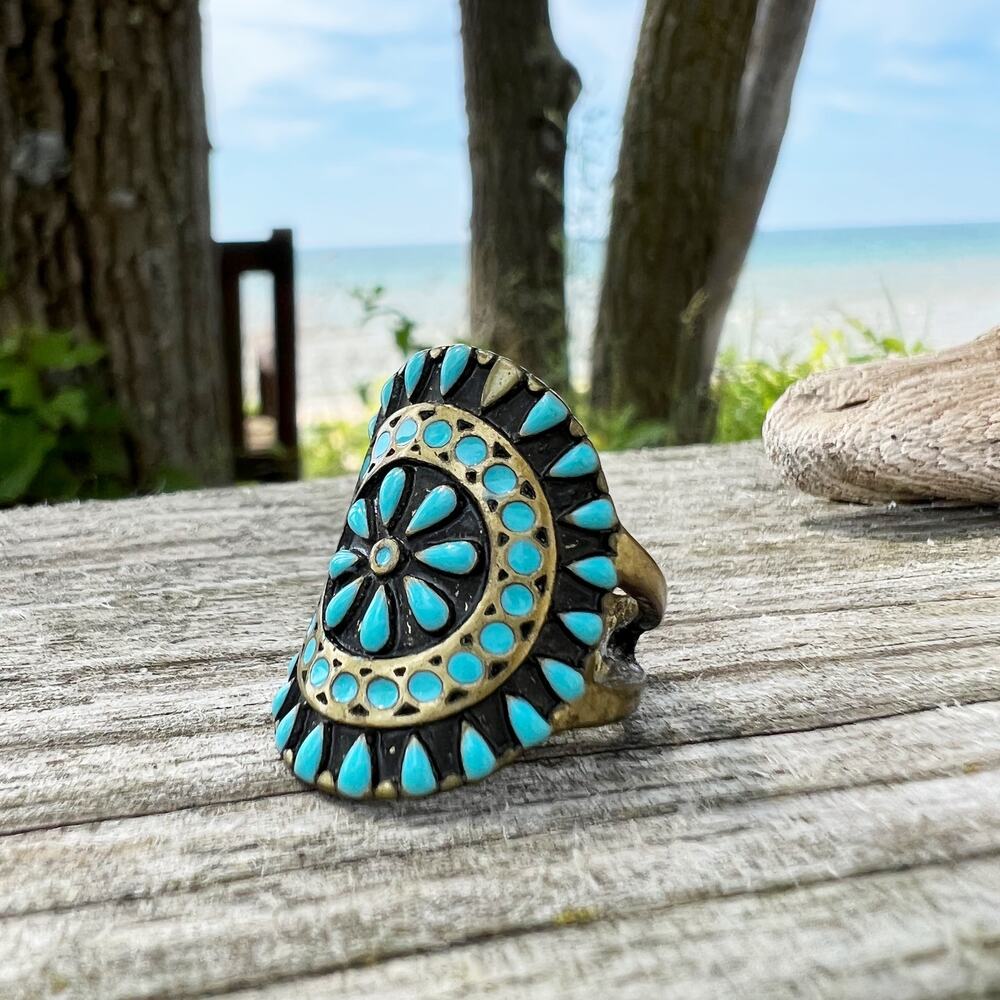 Turquoise resin and gold brass boho statement ring Size 5 1/2